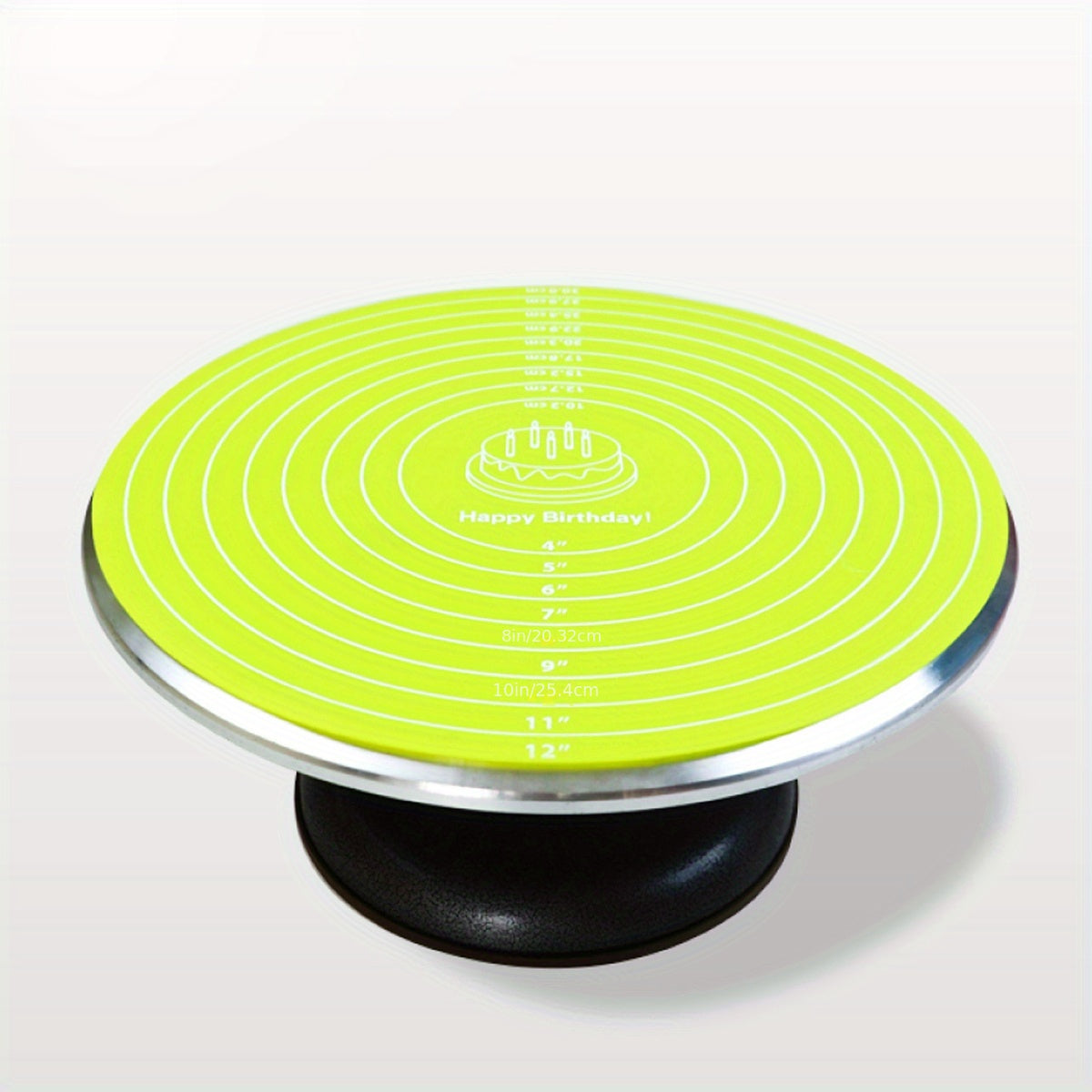 Silicone baking mat with measurements for cake turntable stand, non-stick and heat resistant. Perfect for pastry baking.