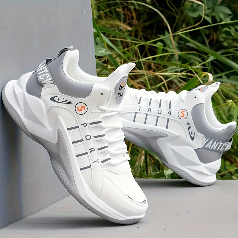 Men's casual athletic sneakers with mid-top lace-up design, durable rubber sole, comfortable PU upper and inner lining, breathable fabric lining, sporty style with "SPORT" print, all-season