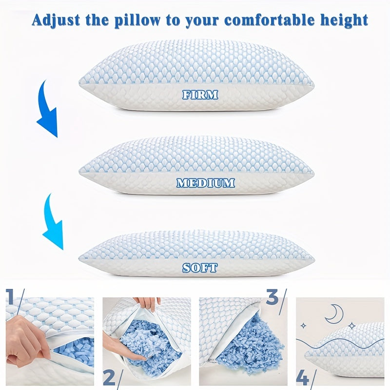 Adjustable Cooling Memory Foam Pillow with Ice Silk & Bamboo Fiber, Washable Cover, Quilted Design - Ideal for All Sleep Styles, Allergy-Friendly, Blue & White Color Cooling Pillow