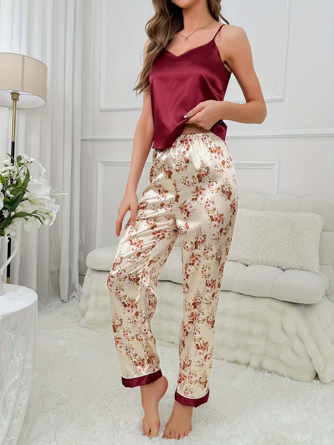 Rose Green Flower Print Tube Top and Pajama Pants Home Set