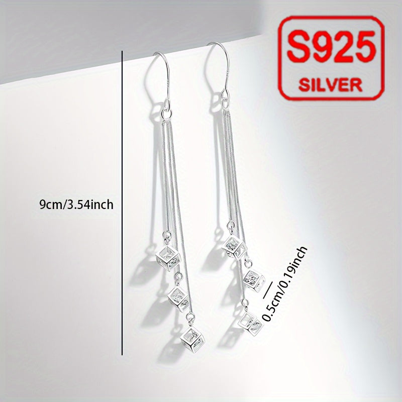 A pair of women's fashion draped earrings with long tassel and curved hook square ear line design, perfect for a summer seaside wedding. Made of hypoallergenic 925 silver, weighing 3.2g, these earrings are a great gift for daily wear, weddings, banquets