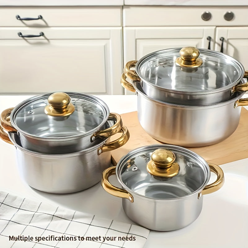 10-piece cookware set with gold-plated stainless steel double-handled soup pots for outdoor use.