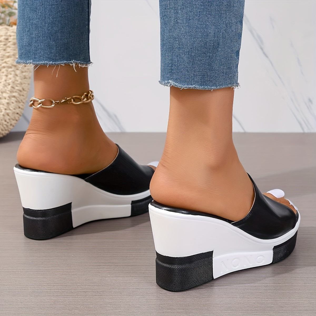 Summer wedge sandals for women with contrast peep toe and platform slide design for outdoor wear.