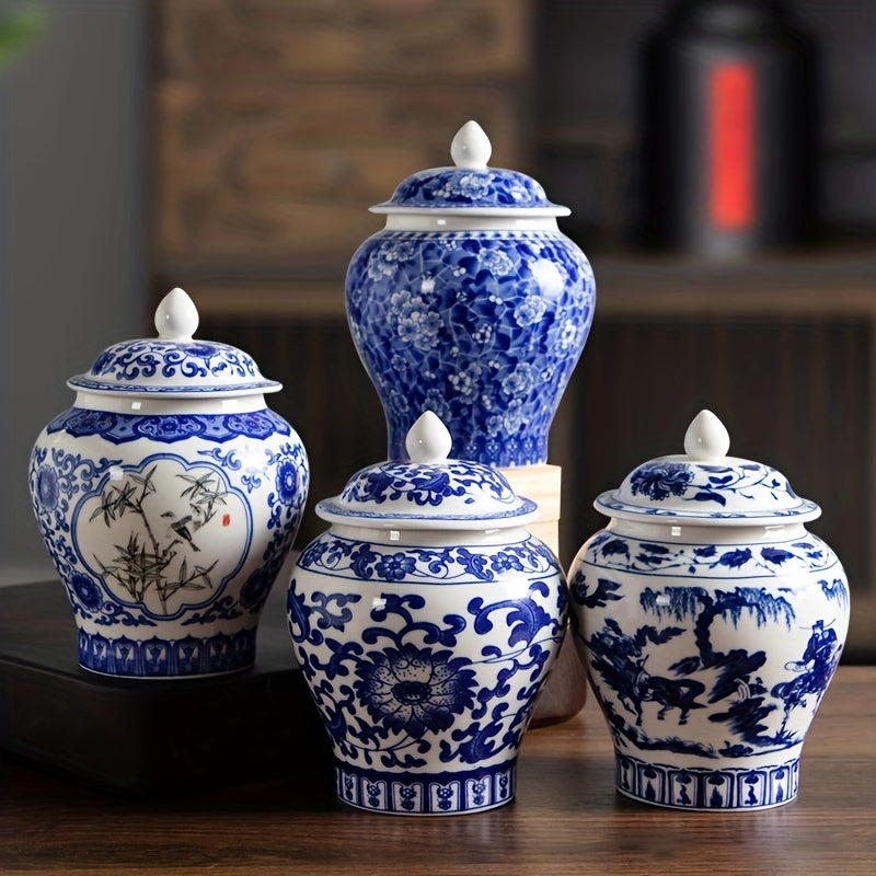 Blue and White Porcelain Tea Leaf Jar with Lid, 350ml/12oz, for storing black tea and pu'er tea.