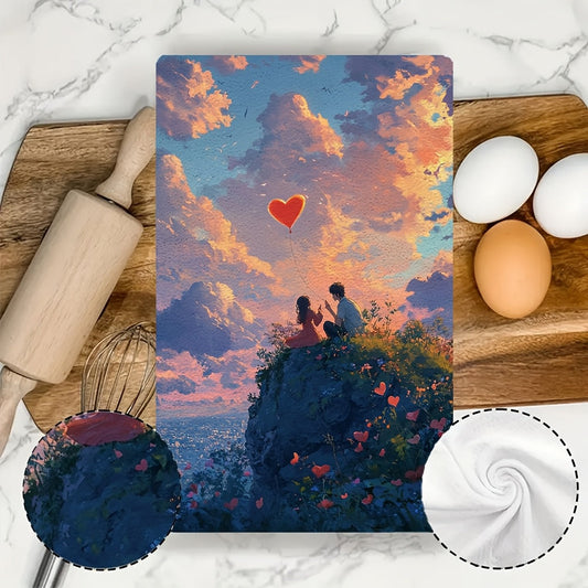 Get a pair of ultra-soft kitchen towels with a charming anime couple on a heart-shaped hilltop, flying a heart-shaped kite. These dish towels are super absorbent, great for holiday decor, easy to machine wash, and measure 40.64X60.96 cm.