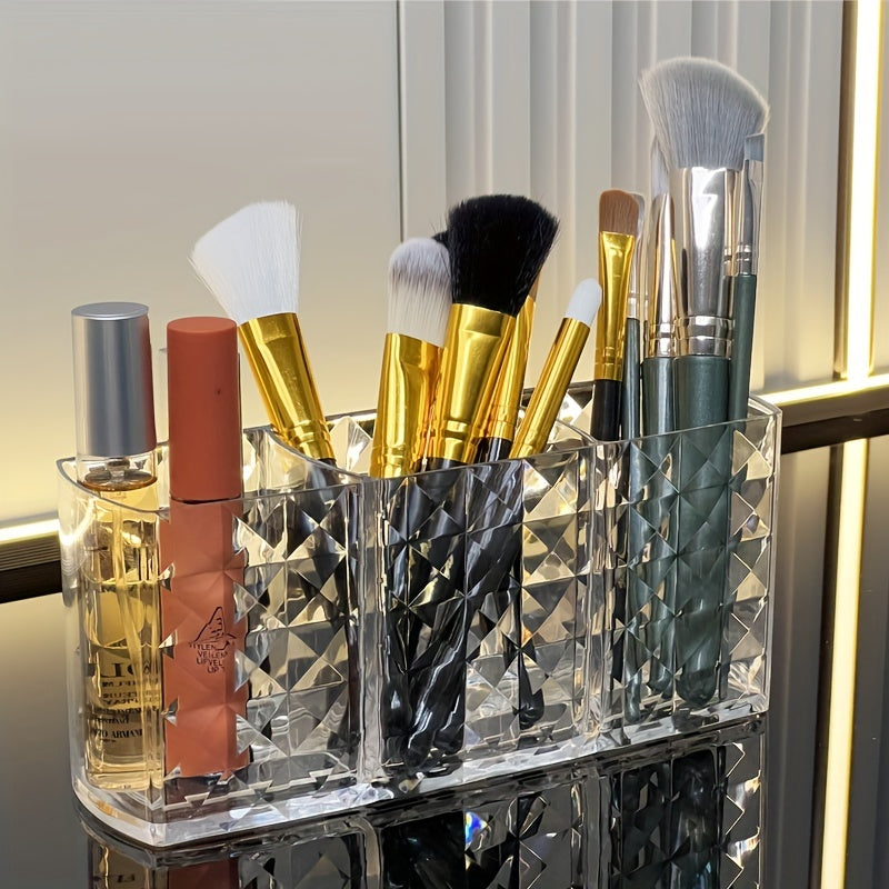 Premium acrylic makeup brush holder with 3 compartments for organizing brushes, ideal for bathroom decor and cosmetic storage.