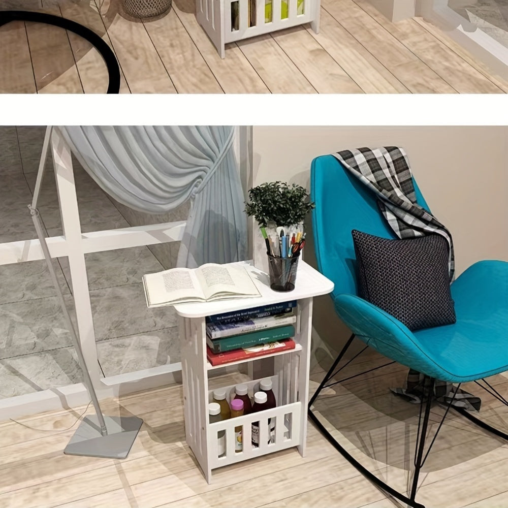 Compact plastic side table in European style with storage, ideal for use as a multifunctional end table in the bedroom or living room. Can also be used as a bedside snack and beverage table, mini coffee and magazine rack, or a space-saving coffee table.