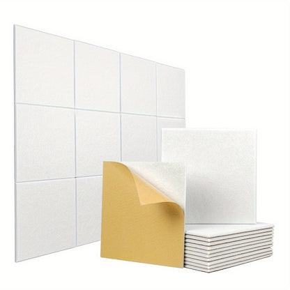 12 square self-adhesive acoustic panels measuring 12" x 12" x 0.4" with a high density, beveled edge polyester fiber construction for soundproofing in home offices and studios.