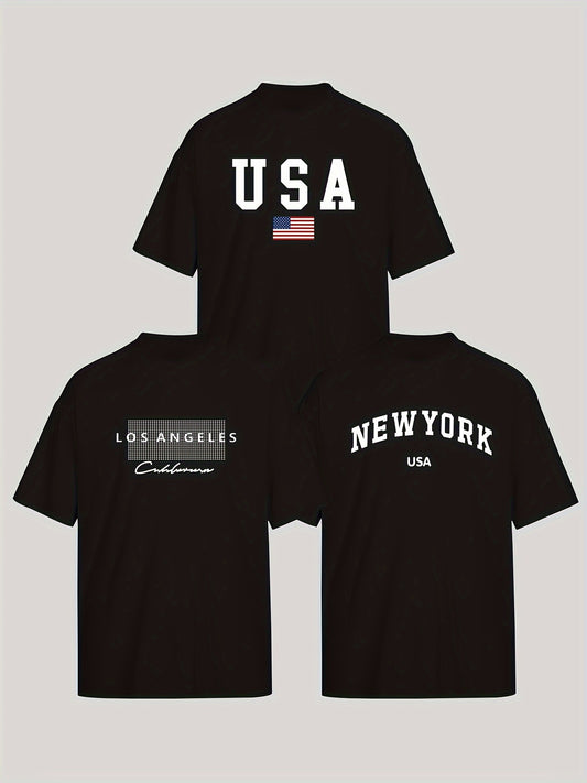 3 Fashion T-Shirts featuring Los Angeles, New York & USA prints - Crew neck, short sleeve tees for men & women. Made of breathable polyester blend, machine washable.