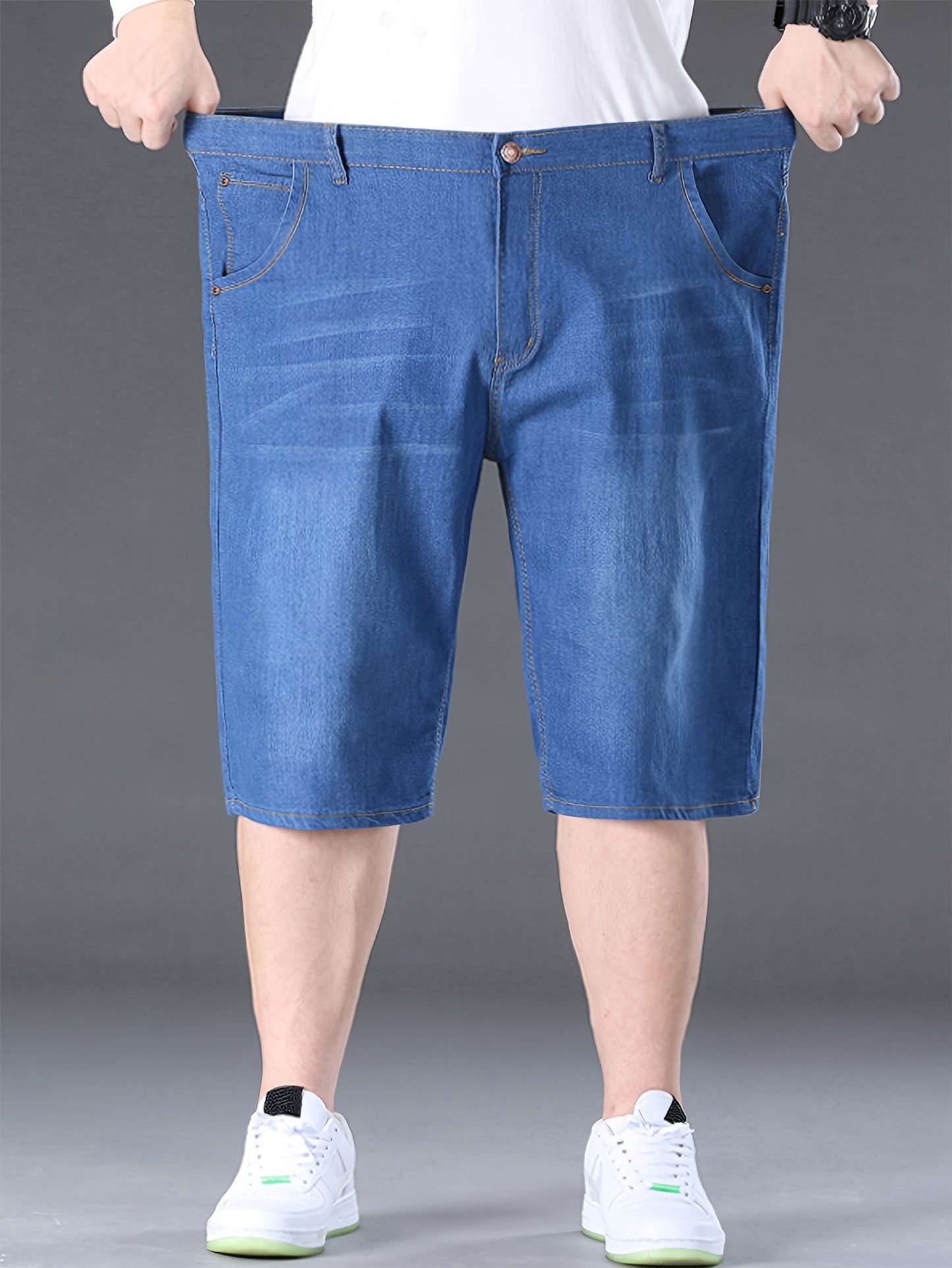 Stylish summer denim shorts for plus-size men in blue.