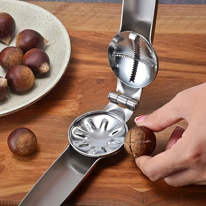 Effortlessly crack hard shells and remove pits with the Easy-Grip Stainless Steel Chestnut Opener, ideal for kitchen and dining use.