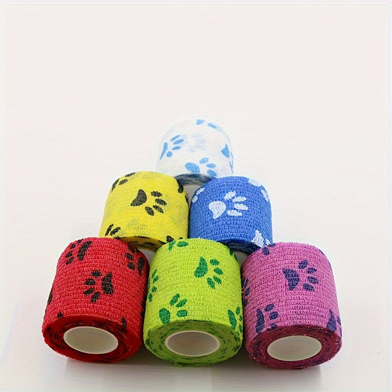 6 cute paw print self-adhesive bandages for dogs, elastic and self-adherent for wrist and ankle wrapping.