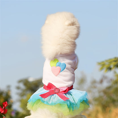 Pink and blue heart lips tulle dog dress, suitable for small to extra-small breeds in spring, summer, and fall.