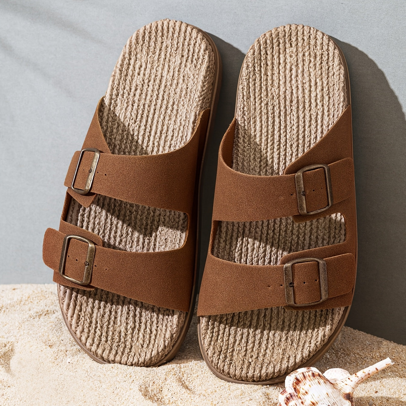 Vintage open toe slippers with non-slip double buckle straps for men.