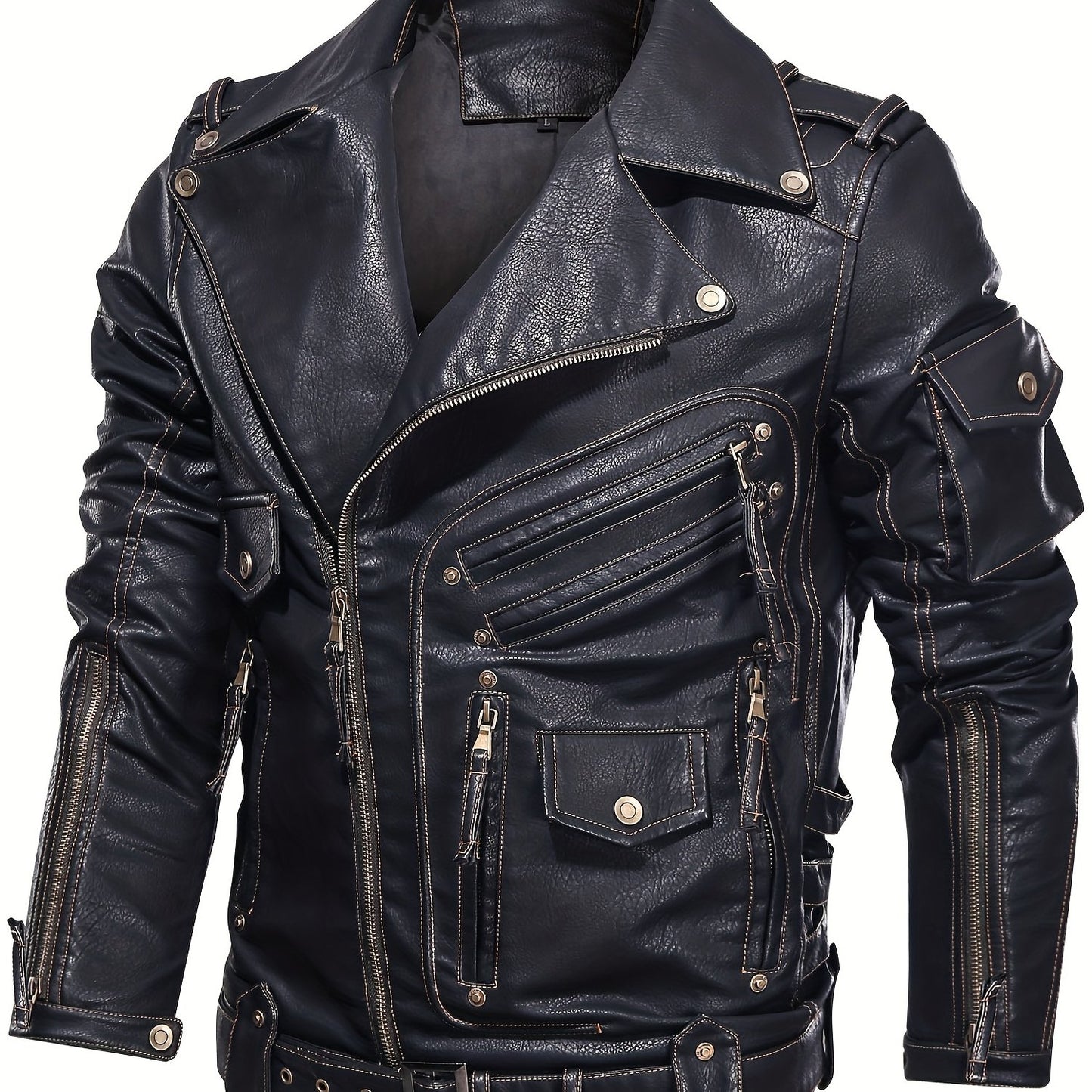 Men's stylish black biker jacket with zipper pockets, loose fit, studded details, and durable polyester lining, perfect for spring and fall.