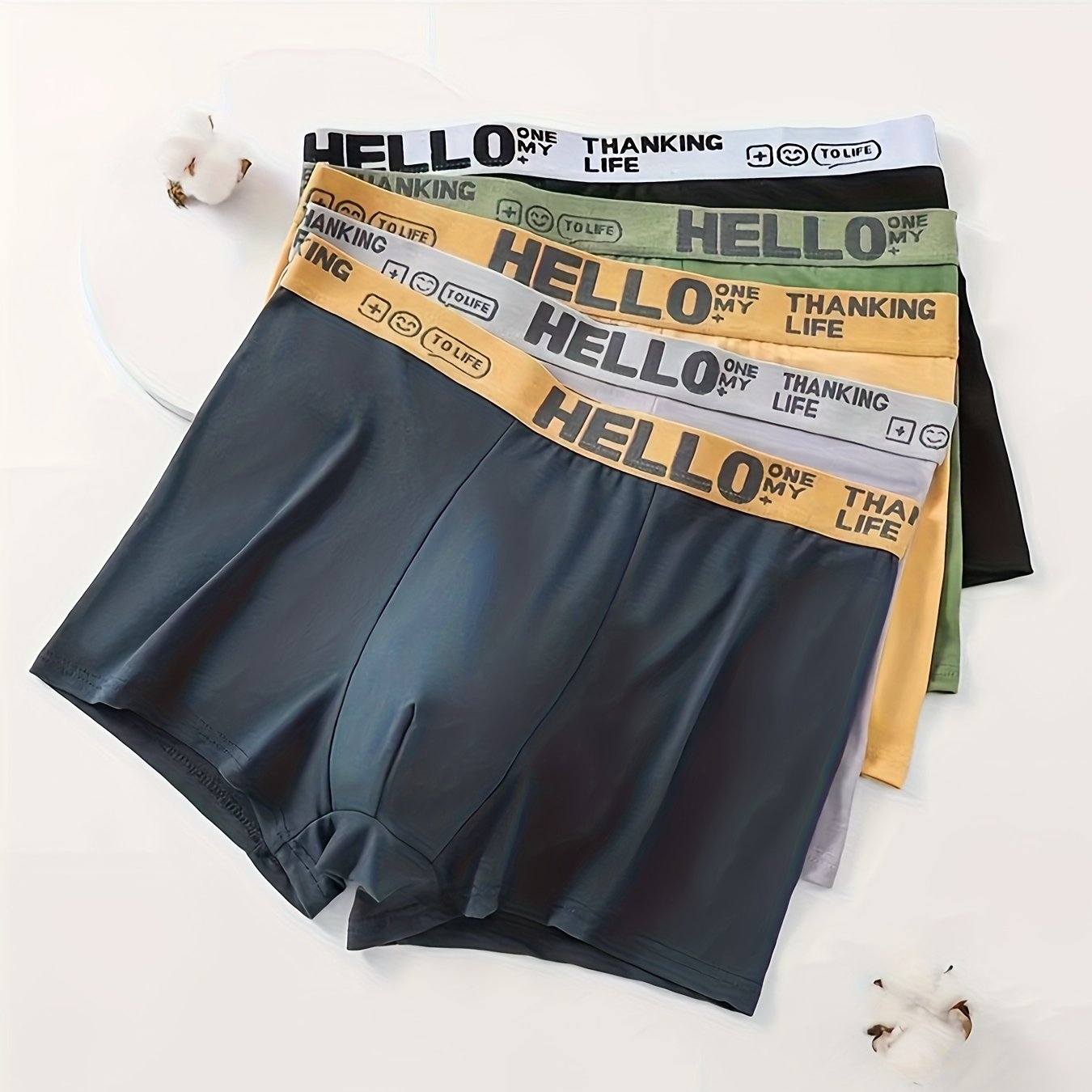 Randomly selected HELLO Men's underwear in 1, 3, or 5 pieces. Solid color square shorts, breathable and comfortable boxers.