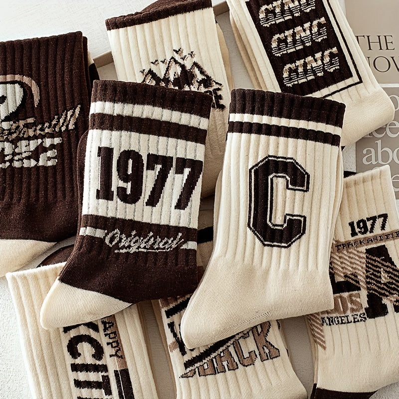 Vintage-inspired knit socks with alphabet patterns, ideal for outdoor basketball and casual wear. Durable and comfortable.