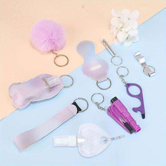 A set of 10 self-defense items for women, including a window breaker, spray bottle, lipstick holder, and other accessories. Perfect for birthday gifts for moms and women.