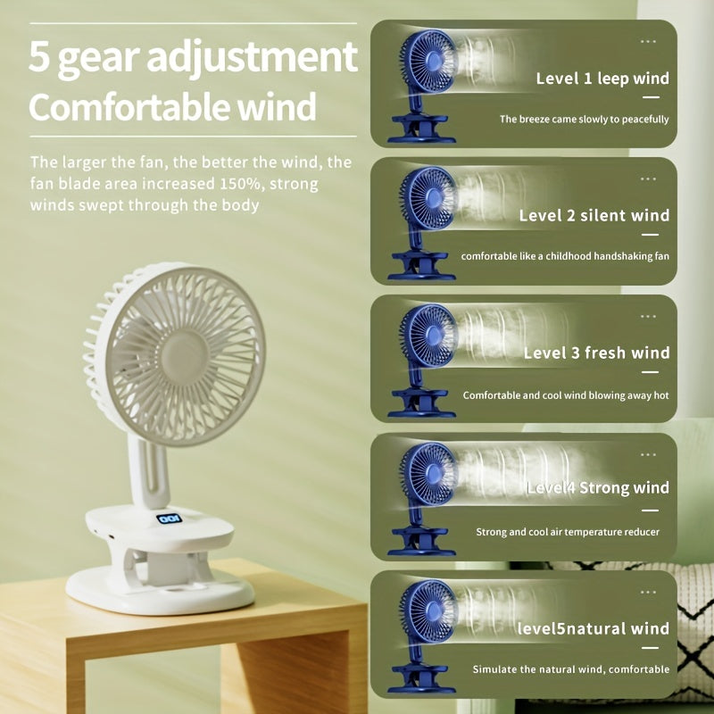 A versatile USB fan perfect for camping and outdoor activities, this desktop fan can be clamped or stood on a surface. With a shaking head function and built-in large capacity battery, it provides convenient cooling wherever you go.