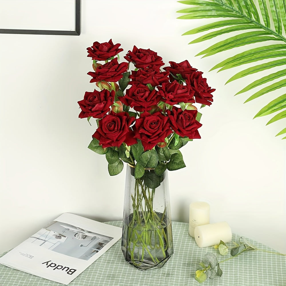 10 fake roses with stems for home, wedding, or office décor. Ideal for Valentine's Day, proposals, weddings, and aesthetic décor.