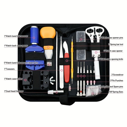 Set of 147 Watch Repair Tools Including Case Opener, Spring Bar Tool, and Carrying Pouch. Also Includes Watch Battery Replacement Assistant and Multifunctional Tool.