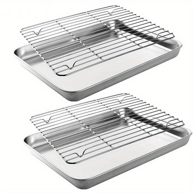 Essential Cooking Tools for Home Chefs: Stainless Steel Kitchen Set with Square Baking Pan, Mesh Drain Rack, Flat BBQ Grill Net, Oven Rack, and Vegetable Prep Tray - Includes 4 Pieces