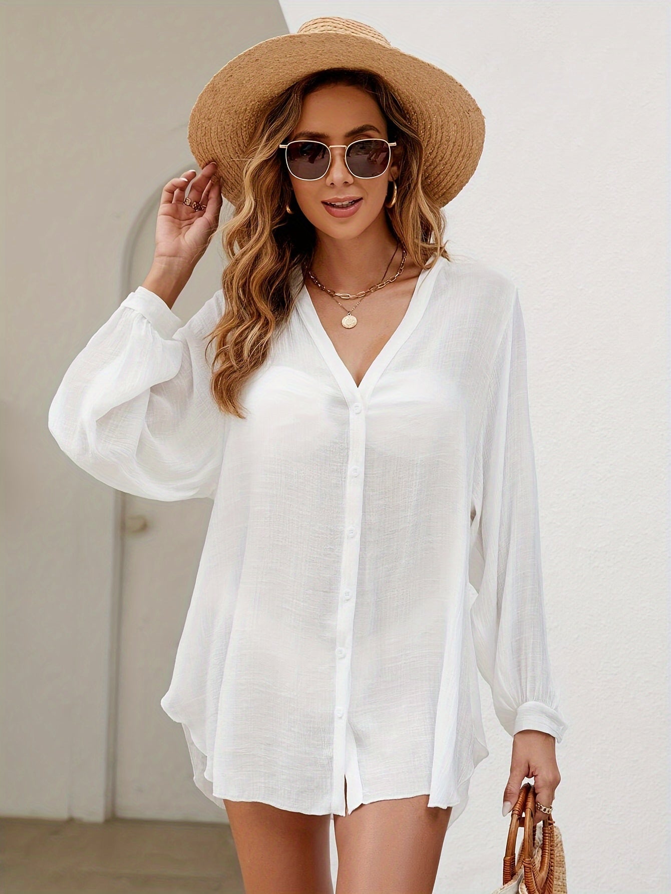 Bohemian style kimono cover up with front button closure for women's beach wear.