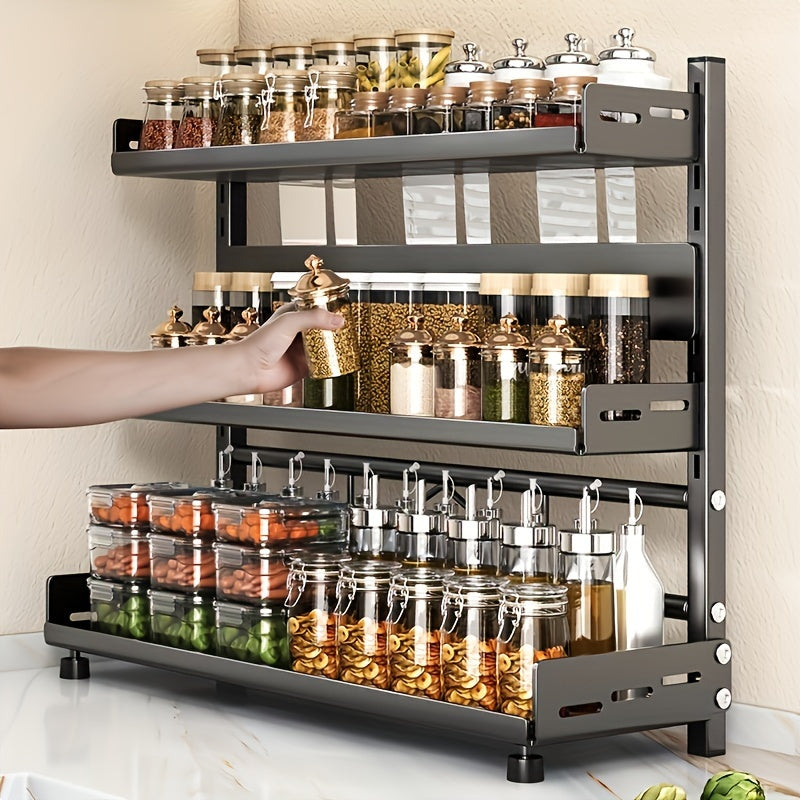 Sleek 3-Level Spice Rack - Stylish Stainless Steel and Plastic Organizer for Kitchen, Home, and Dining Area