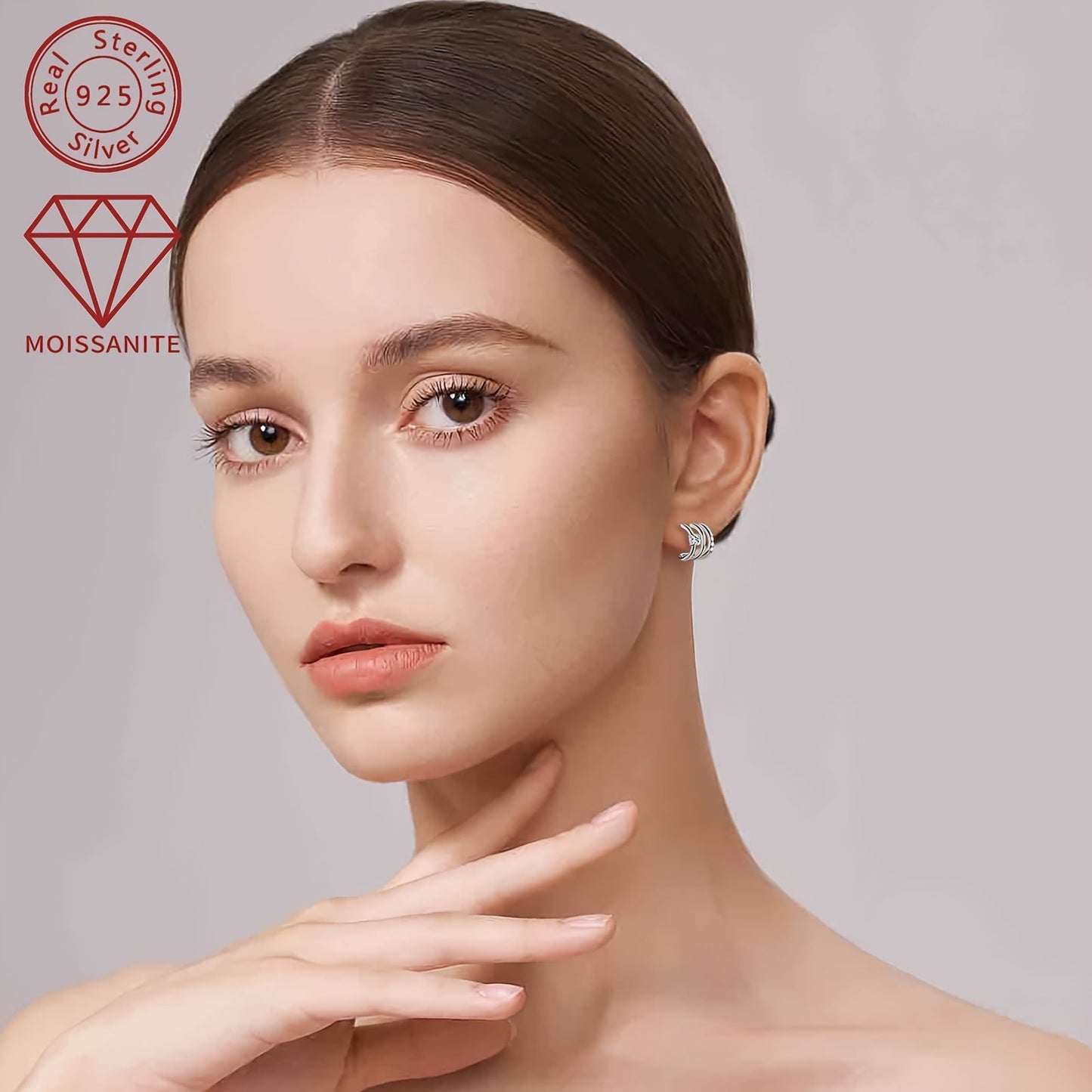 These stunning Moissanite earrings feature a total weight of 4.09g and are set with 4mm*2pcs, 1.6mm*14pcs, and 0.42ct*2pcs Moissanite stones. Crafted from 925 Sterling Silver, these Women's Fashion Half-Open Three-Ring Earrings are designed as a pair and