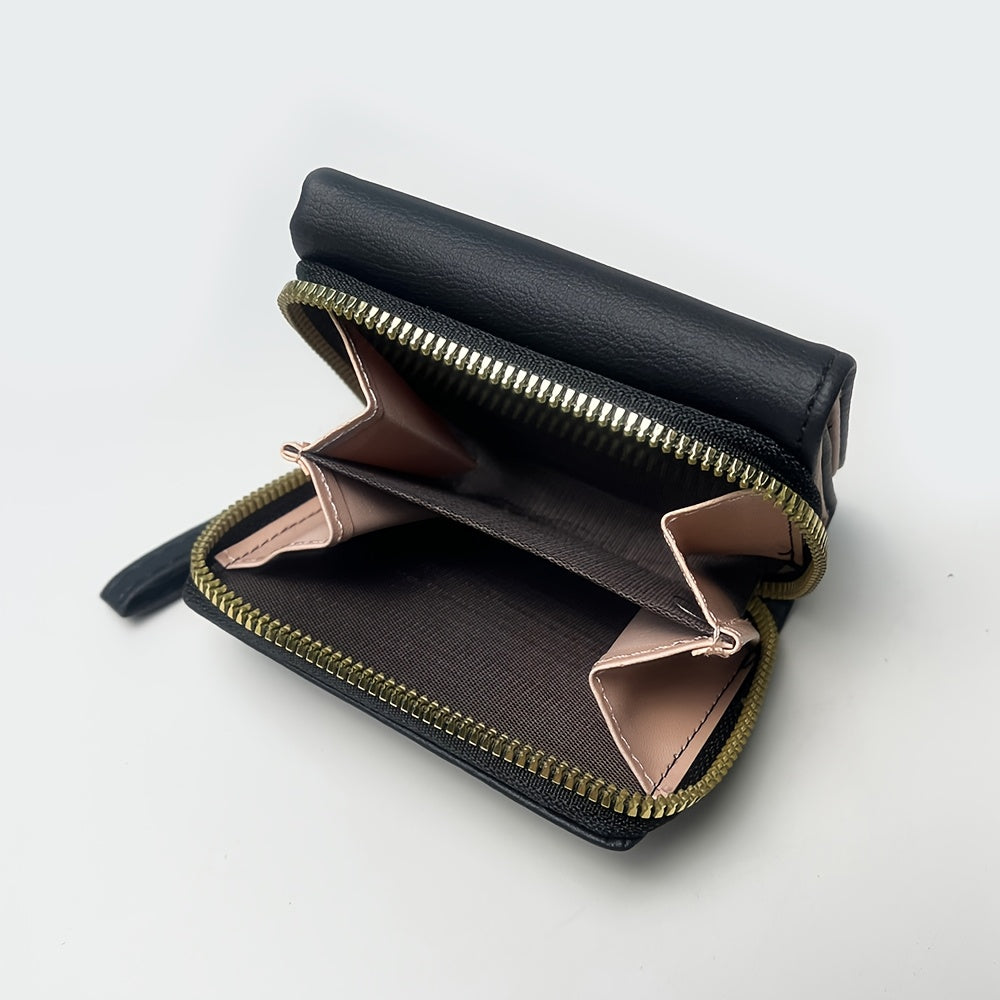 Small women's wallet with short zipper, three folds, multiple slots, and ample space, suitable for use as a handbag.