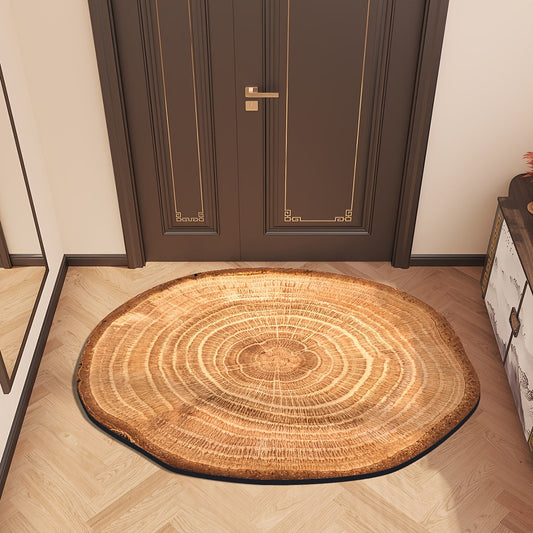 Wood Grain Tree Ring Design Indoor Doormat featuring a non-slip rubber backing for added safety. This decorative floor mat is made from machine-made polyester and is hand-washable. The low pile entry rug is flame resistant, making it perfect for use in