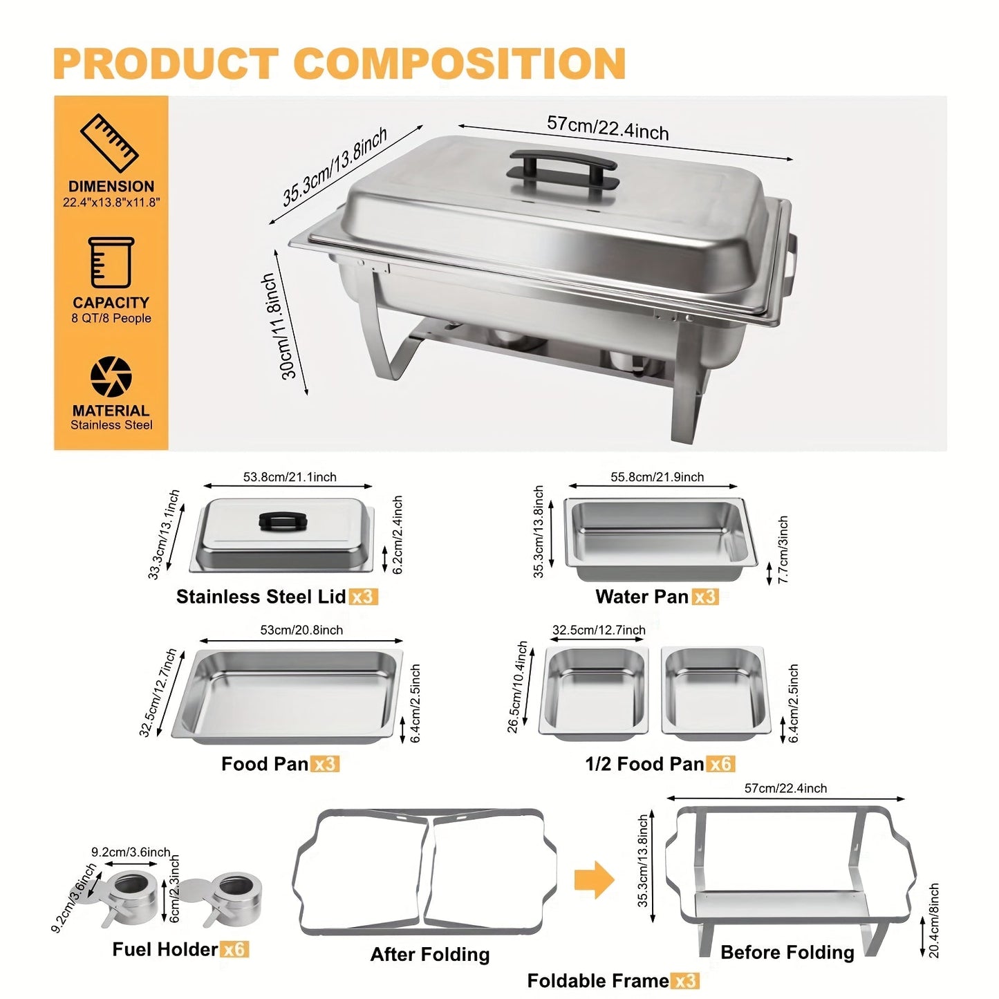 One set of 8QT Stainless Steel Chafing Dishes, includes Full & Half Pans and Foldable Stand. Ideal for Weddings, Parties, Banquets, Catering and Events. Comes with 1 full and 1 half piece.