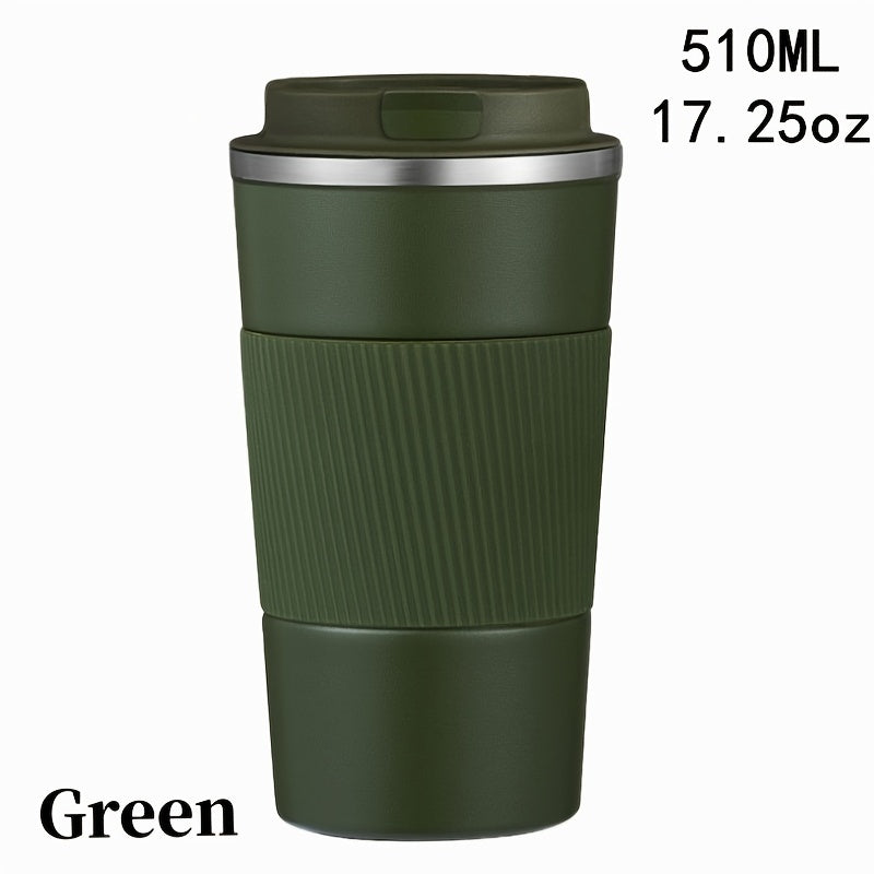 Stainless steel travel mug, available in 12.85oz or 17.25oz sizes. Features vacuum insulation for keeping drinks hot or cold, spill-proof leakproof lid, and double-walled design. Perfect for coffee, tea, or beer on-the-go. Reusable and durable.