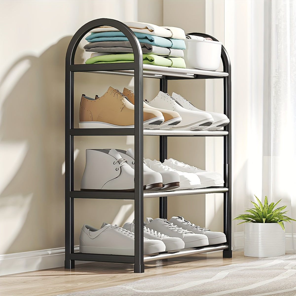 Durable Black Metal Shoe Rack with Plastic Accents - Freestanding, Multi-Layer Design for Easy Assembly and Dust-Proof Storage in Entryway, Dorm, or Home