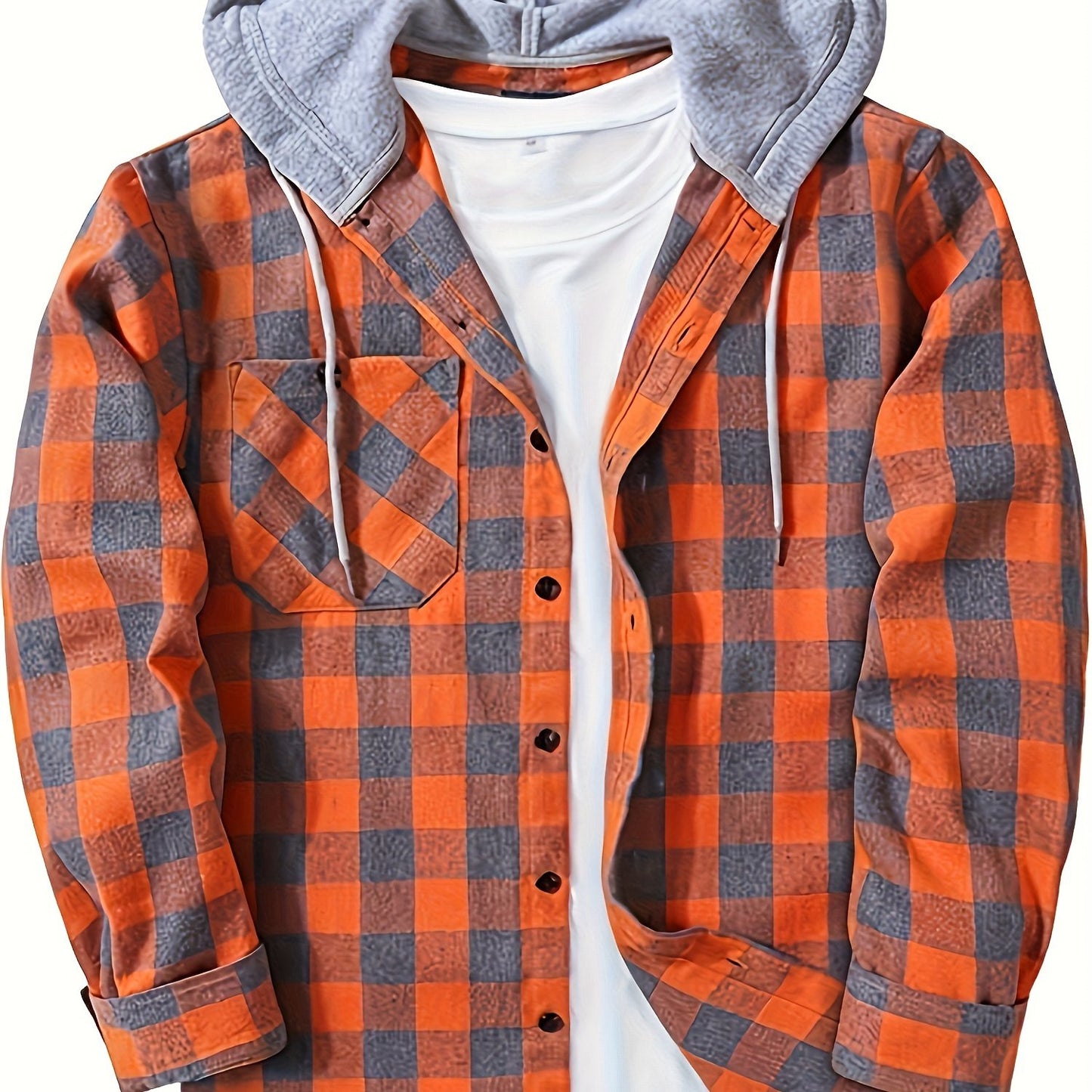 Men's plaid hooded shirt in polyester blend (70% Polyester, 30% Rayon) with non-stretch fabric, loose fit, button details. Great for spring/fall, can be layered under a jacket or worn as a