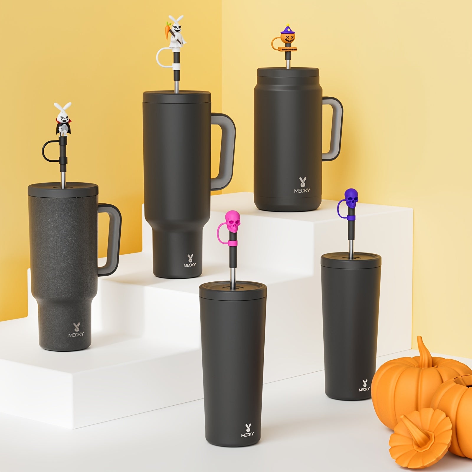 Halloween-themed stainless steel water bottles with BPA-free straw set and fun lids, hand wash only. Includes 6 round bottles and 1 extra straw.