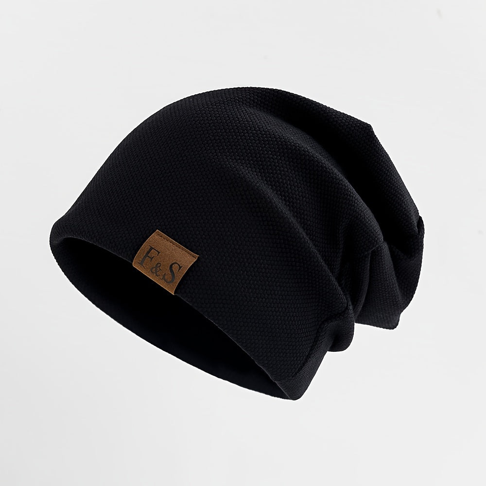 Christmas gift of a men's casual beanie hat made with a blend of cotton and soft, breathable polyester fabric. Features an alphabet pattern, high stretch, and is recommended for hand wash only.