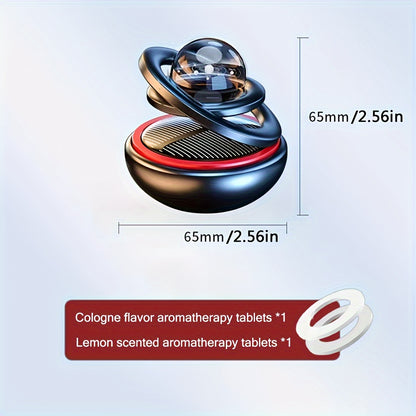 Solar-powered rotating car air freshener with original scented perfume for decoration and aromatreatment in car interiors, suitable for both men and women.