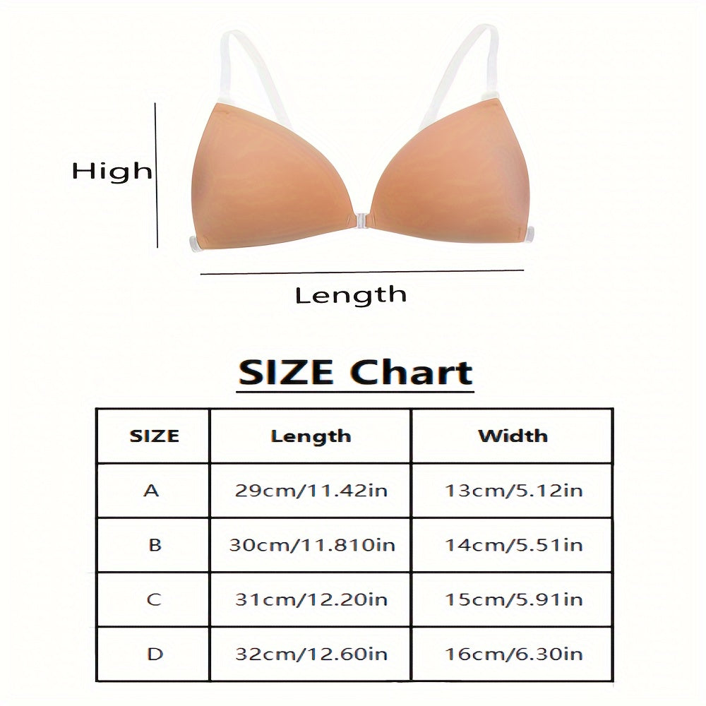 Invisible push-up bra with front buckle, silicone anti-slip stickers and transparent shoulder straps included.