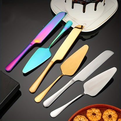 Cake cutting set including stainless steel spatula, knife, and pizza cutter for baking and pastry needs.