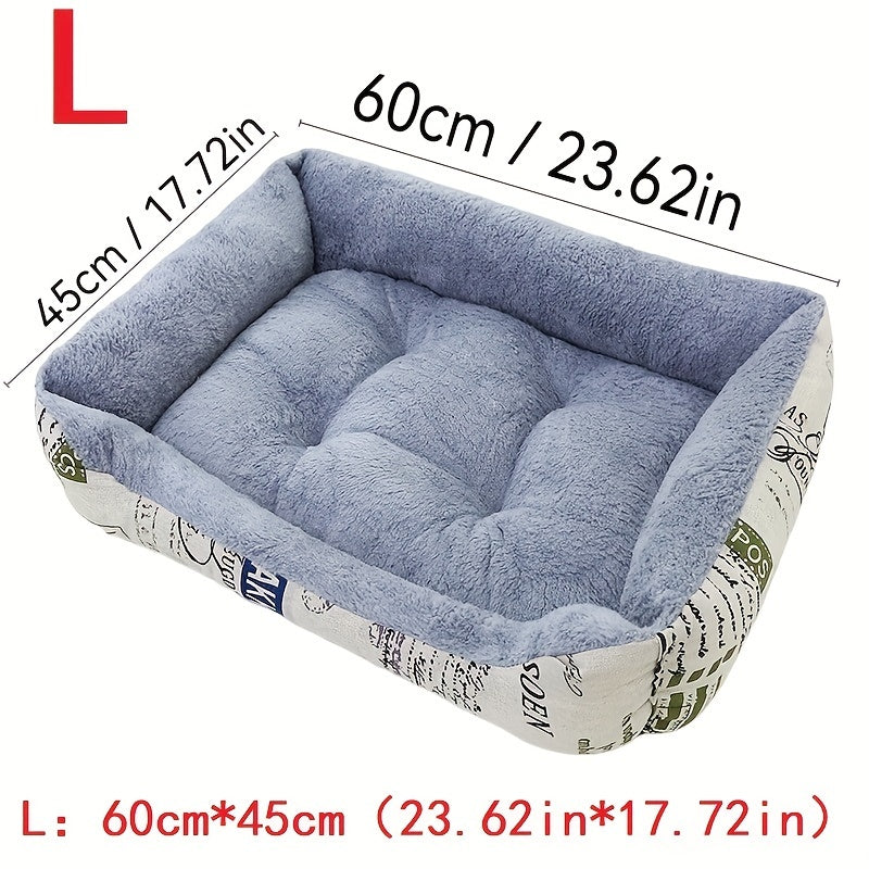 Soft light blue dog bed with newspaper print border, suitable for small, medium, and large dogs. Provides all-season warmth and comfort. Stylish and warm pet cushion.