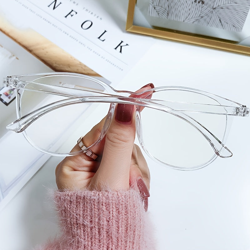 Y2K style transparent fashion glasses with clear lens reduce eye fatigue from screens and feature a casual PC frame for both women and men.