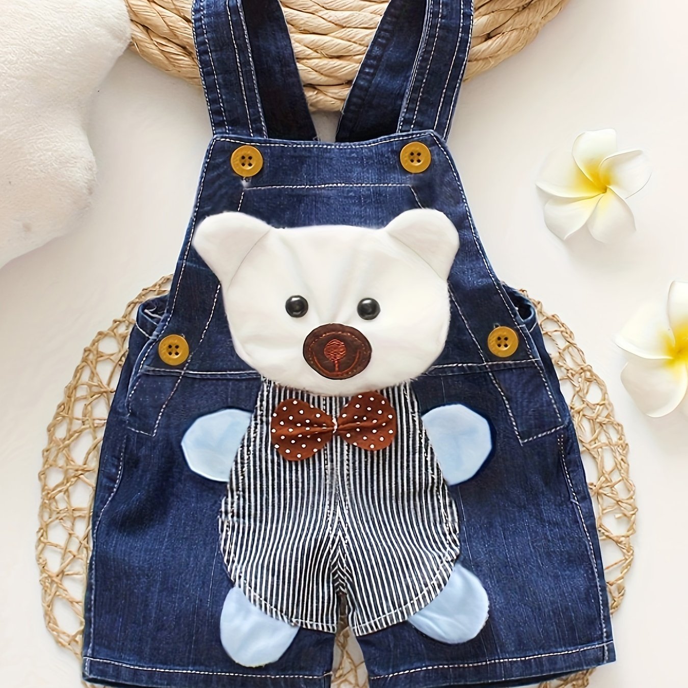 Bear-themed baby denim overalls shorts for summer