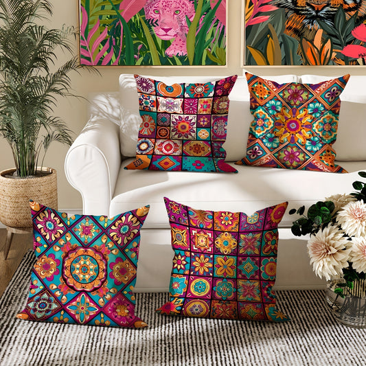 Set of 4 colorful Mandala and Checkered cushion covers in Bohemian style. Perfect for sofas, living rooms, and outdoor spaces. Size: 45.72 * 45.72 cm (pillow core not included).