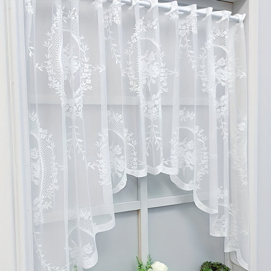 Add a touch of elegance with this American country style sheer curtain, featuring a floral lace half-curtain design with rod pocket. Made of semi-transparent polyester, this curtain is perfect for both kitchen and living room. Machine washable for easy