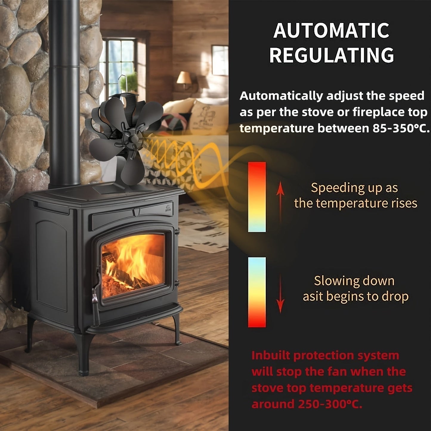 Tabletop Aluminum Wood Burning Stove Fan with Polished 5-Blade Finish, Features High-Speed Air Circulation without Electricity Requirement, Quiet Operation, and Includes Multiple Components