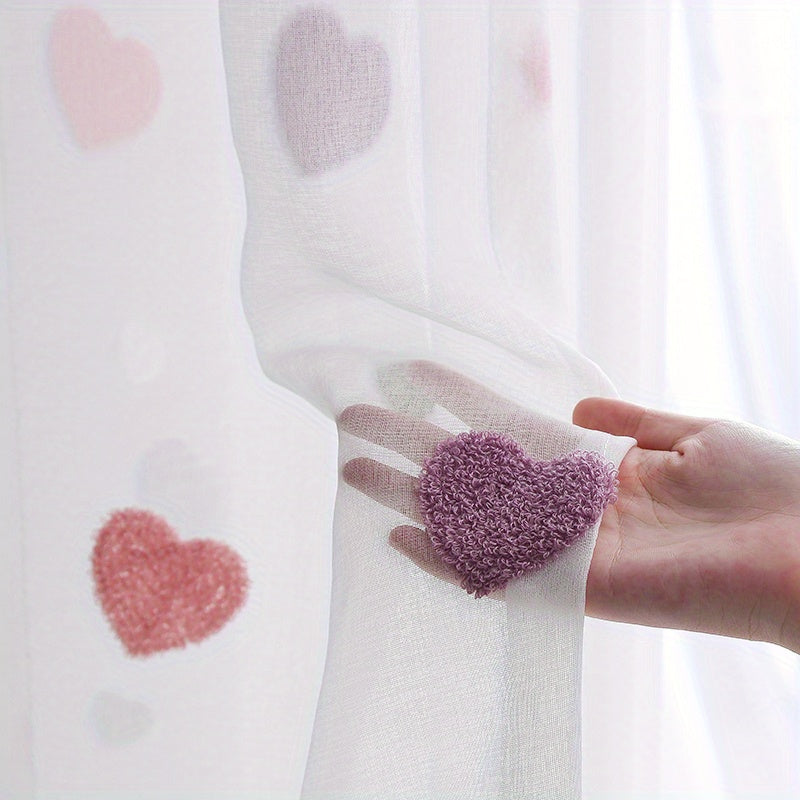 Modern heart pattern sheer curtain panel in pink, grommet top, washable polyester voile for youngsters' room; all-season decorative unlined curtain with eyelet, perfect for a princess-themed kid's bedroom.