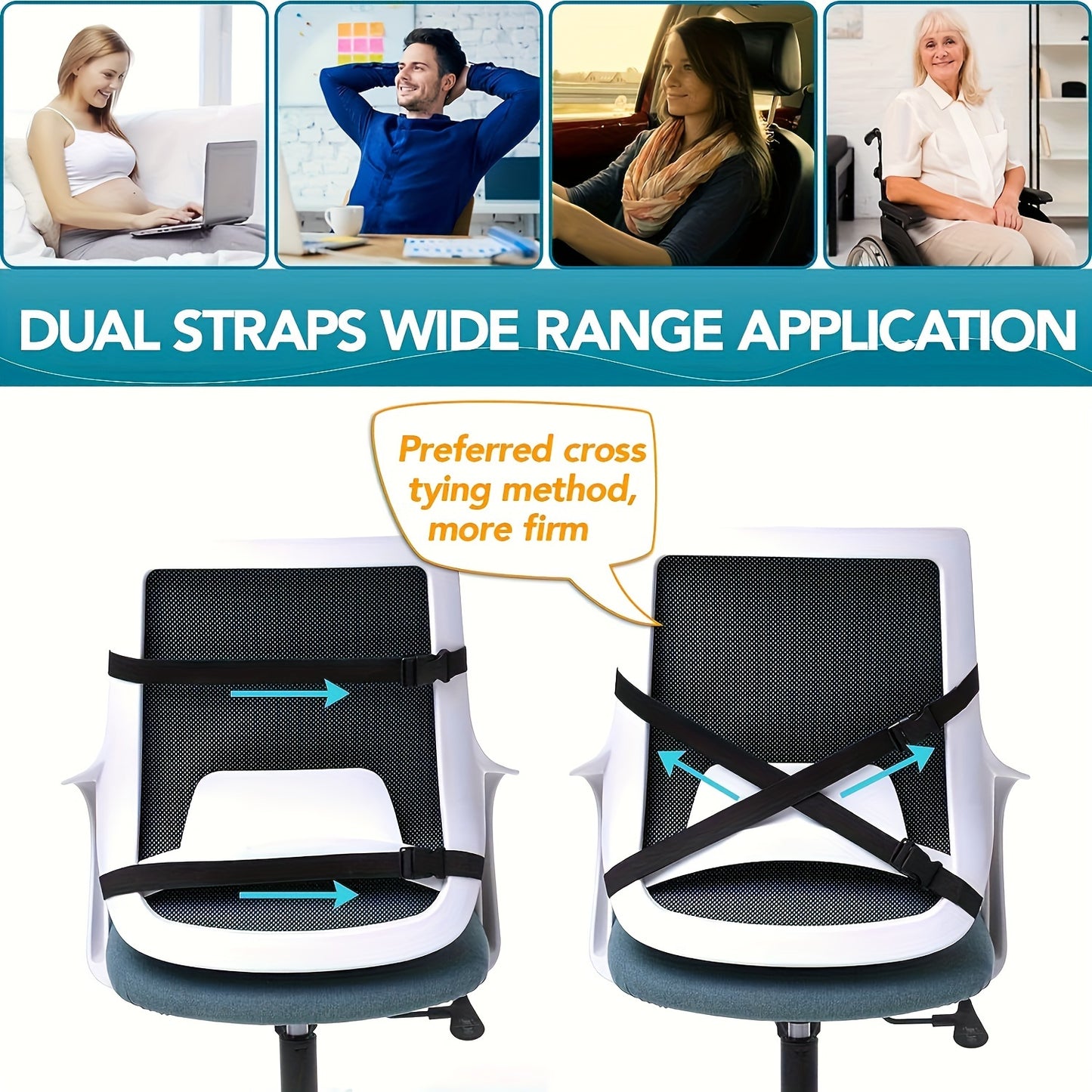 Memory foam cushion with adjustable straps improves posture for office chairs, cars, and gaming.