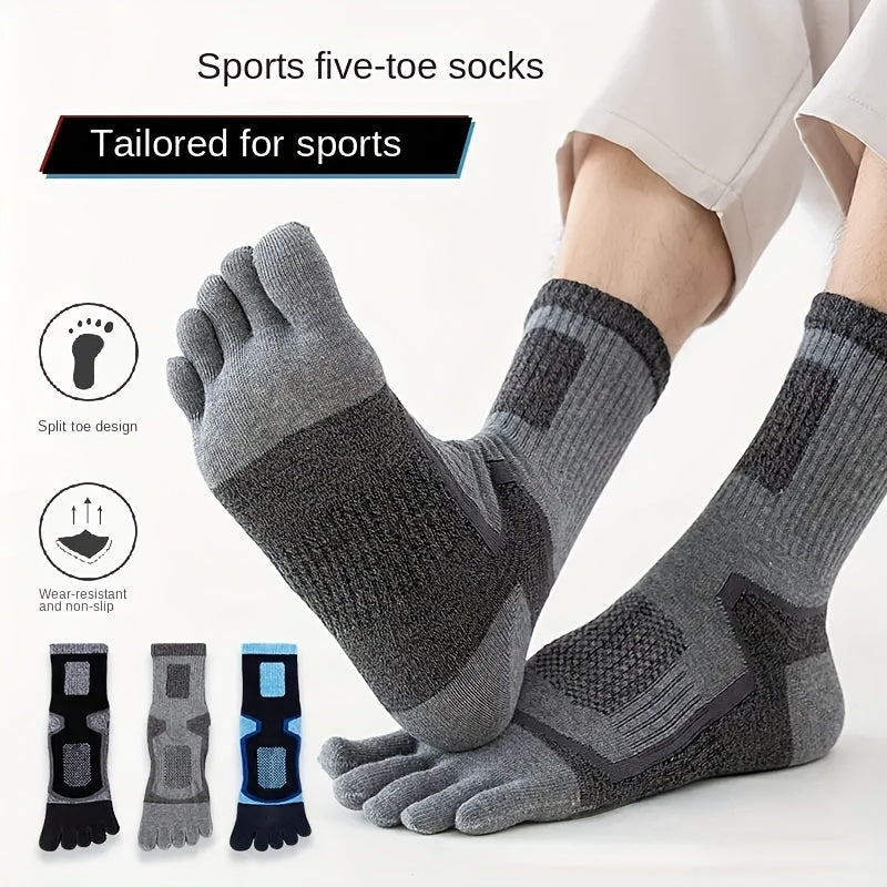 Three pairs of men's five-toe sports socks, sweat-absorbing and durable for cycling, sailing, and outdoor hiking. Medium-length, one size fits all (7-11), sweat-resistant.