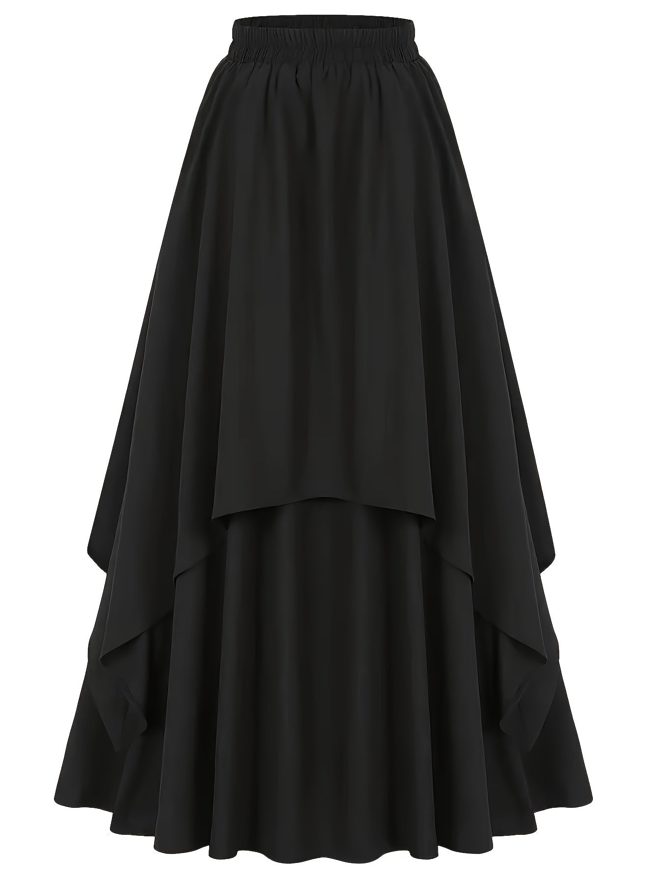 Elegant black double-tiered swing skirt made of polyester with scalloped edges. Perfect for medieval dance and Victorian performances. All-season fashion for women.